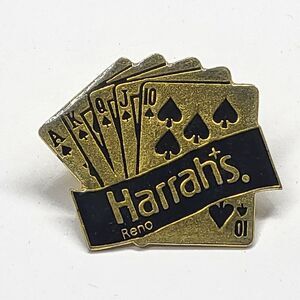 Harrah’s Reno Pin Playing Cards Black Gold Vintage Casino Pinback